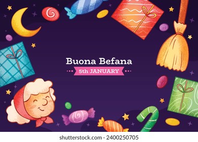 Buona Befana background. Translation: Happy Epiphany. witch flying on a broom. Cartoon Vector illustration for Poster, Banner, Greeting, Card, Post.
