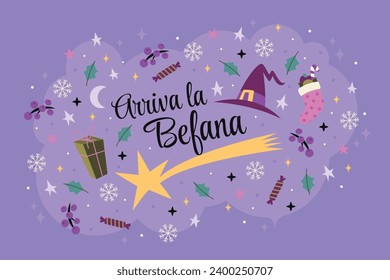 Buona Befana background. Translation: Happy Epiphany. witch flying on a broom. Cartoon Vector illustration for Poster, Banner, Greeting, Card, Post.