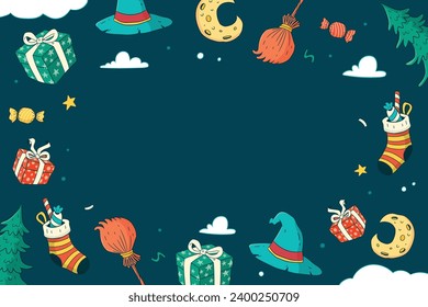 Buona Befana background. Translation: Happy Epiphany. witch flying on a broom. Cartoon Vector illustration for Poster, Banner, Greeting, Card, Post.