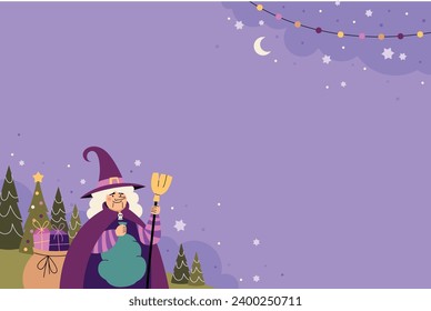 Buona Befana background. Translation: Happy Epiphany. witch flying on a broom. Cartoon Vector illustration for Poster, Banner, Greeting, Card, Post.