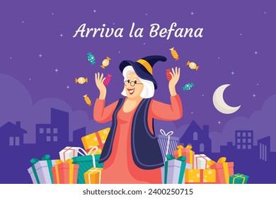 Buona Befana background. Translation: Happy Epiphany. witch flying on a broom. Cartoon Vector illustration for Poster, Banner, Greeting, Card, Post.