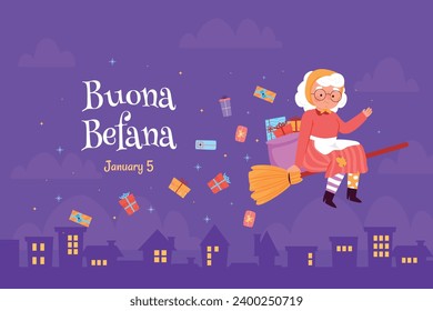 Buona Befana background. Translation: Happy Epiphany. witch flying on a broom. Cartoon Vector illustration for Poster, Banner, Greeting, Card, Post.