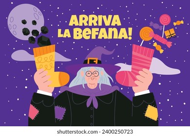 Buona Befana background. Translation: Happy Epiphany. witch flying on a broom. Cartoon Vector illustration for Poster, Banner, Greeting, Card, Post.