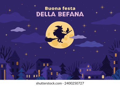 Fondo Buona Befana. Traducción: Feliz Epifanía. bruja volando en una escoba. Ilustración del vector de dibujos animados para afiches, pancartas, saludo, tarjeta, publicación.