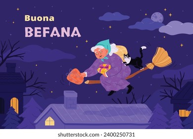 Buona Befana background. Translation: Happy Epiphany. witch flying on a broom. Cartoon Vector illustration for Poster, Banner, Greeting, Card, Post.