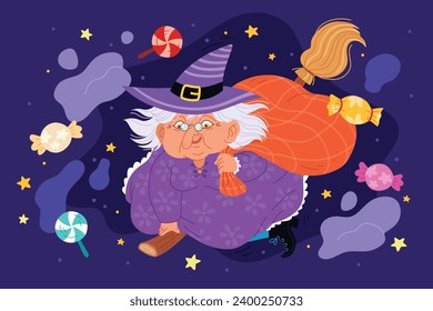 Buona Befana background. Translation: Happy Epiphany. witch flying on a broom. Cartoon Vector illustration for Poster, Banner, Greeting, Card, Post.