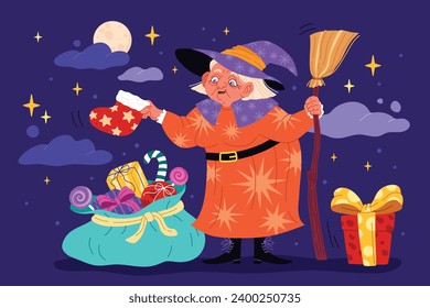 Buona Befana background. Translation: Happy Epiphany. witch flying on a broom. Cartoon Vector illustration for Poster, Banner, Greeting, Card, Post.