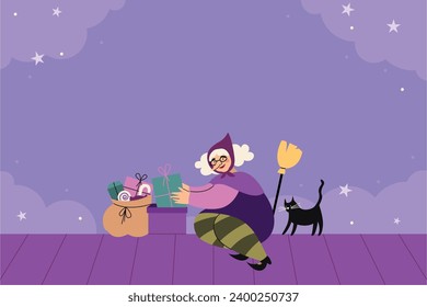 Buona Befana background. Translation: Happy Epiphany. witch flying on a broom. Cartoon Vector illustration for Poster, Banner, Greeting, Card, Post.