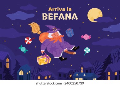 Buona Befana background. Translation: Happy Epiphany. witch flying on a broom. Cartoon Vector illustration for Poster, Banner, Greeting, Card, Post.