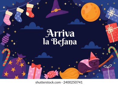 Buona Befana background. Translation: Happy Epiphany. witch flying on a broom. Cartoon Vector illustration for Poster, Banner, Greeting, Card, Post.