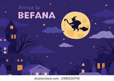 Buona Befana background. Translation: Happy Epiphany. witch flying on a broom. Cartoon Vector illustration for Poster, Banner, Greeting, Card, Post.