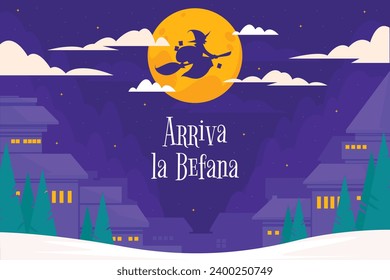 Buona Befana background. Translation: Happy Epiphany. witch flying on a broom. Cartoon Vector illustration for Poster, Banner, Greeting, Card, Post.