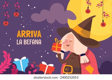 Buona Befana background. Translation: Happy Epiphany. witch flying on a broom. Cartoon Vector illustration for Poster, Banner, Greeting, Card, Post.