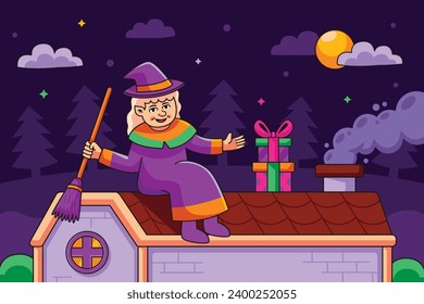 Buona Befana background. Translation: Happy Epiphany. witch flying on a broom. Cartoon Vector illustration for Poster, Banner, Greeting, Card, Post.