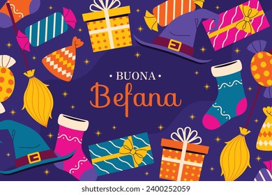 Buona Befana background. Translation: Happy Epiphany. witch flying on a broom. Cartoon Vector illustration for Poster, Banner, Greeting, Card, Post.