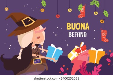 Buona Befana background. Translation: Happy Epiphany. witch flying on a broom. Cartoon Vector illustration for Poster, Banner, Greeting, Card, Post.