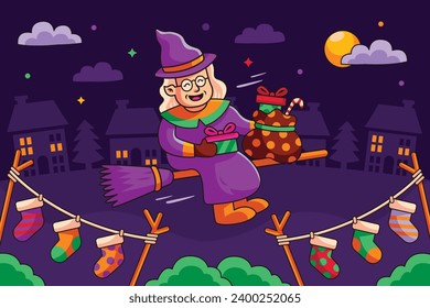 Buona Befana background. Translation: Happy Epiphany. witch flying on a broom. Cartoon Vector illustration for Poster, Banner, Greeting, Card, Post.