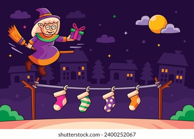 Buona Befana background. Translation: Happy Epiphany. witch flying on a broom. Cartoon Vector illustration for Poster, Banner, Greeting, Card, Post.