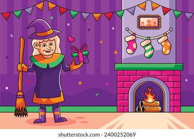 Buona Befana background. Translation: Happy Epiphany. witch flying on a broom. Cartoon Vector illustration for Poster, Banner, Greeting, Card, Post.