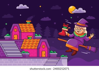 Buona Befana background. Translation: Happy Epiphany. witch flying on a broom. Cartoon Vector illustration for Poster, Banner, Greeting, Card, Post.