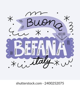 Buona Befana background. Translation: Happy Epiphany. witch flying on a broom. Cartoon Vector illustration for Poster, Banner, Greeting, Card, Post.