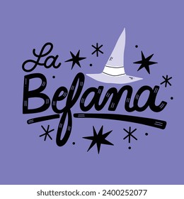 Buona Befana background. Translation: Happy Epiphany. witch flying on a broom. Cartoon Vector illustration for Poster, Banner, Greeting, Card, Post.