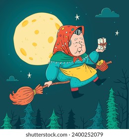 Buona Befana background. Translation: Happy Epiphany. witch flying on a broom. Cartoon Vector illustration for Poster, Banner, Greeting, Card, Post.