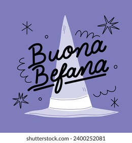 Buona Befana background. Translation: Happy Epiphany. witch flying on a broom. Cartoon Vector illustration for Poster, Banner, Greeting, Card, Post.