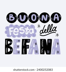 Buona Befana background. Translation: Happy Epiphany. witch flying on a broom. Cartoon Vector illustration for Poster, Banner, Greeting, Card, Post.