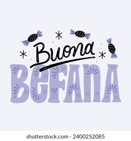 Buona Befana background. Translation: Happy Epiphany. witch flying on a broom. Cartoon Vector illustration for Poster, Banner, Greeting, Card, Post.