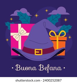 Buona Befana background. Translation: Happy Epiphany. witch flying on a broom. Cartoon Vector illustration for Poster, Banner, Greeting, Card, Post.