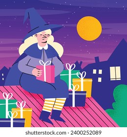 Buona Befana background. Translation: Happy Epiphany. witch flying on a broom. Cartoon Vector illustration for Poster, Banner, Greeting, Card, Post.