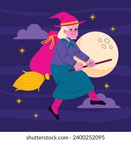 Buona Befana background. Translation: Happy Epiphany. witch flying on a broom. Cartoon Vector illustration for Poster, Banner, Greeting, Card, Post.