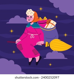 Buona Befana background. Translation: Happy Epiphany. witch flying on a broom. Cartoon Vector illustration for Poster, Banner, Greeting, Card, Post.