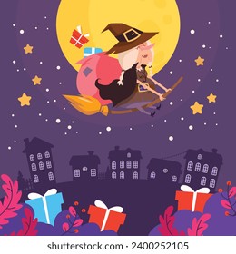 Buona Befana background. Translation: Happy Epiphany. witch flying on a broom. Cartoon Vector illustration for Poster, Banner, Greeting, Card, Post.