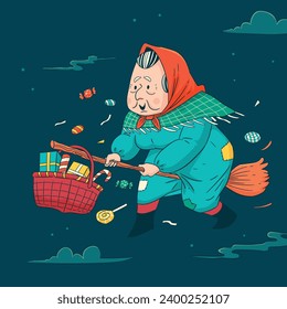 Buona Befana background. Translation: Happy Epiphany. witch flying on a broom. Cartoon Vector illustration for Poster, Banner, Greeting, Card, Post.