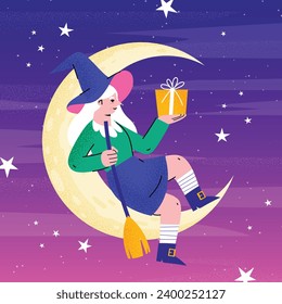 Buona Befana background. Translation: Happy Epiphany. witch flying on a broom. Cartoon Vector illustration for Poster, Banner, Greeting, Card, Post.