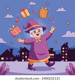 Buona Befana background. Translation: Happy Epiphany. witch flying on a broom. Cartoon Vector illustration for Poster, Banner, Greeting, Card, Post.