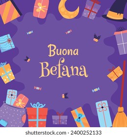 Buona Befana background. Translation: Happy Epiphany. witch flying on a broom. Cartoon Vector illustration for Poster, Banner, Greeting, Card, Post.