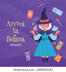 Buona Befana background. Translation: Happy Epiphany. witch flying on a broom. Cartoon Vector illustration for Poster, Banner, Greeting, Card, Post.