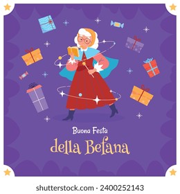 Buona Befana background. Translation: Happy Epiphany. witch flying on a broom. Cartoon Vector illustration for Poster, Banner, Greeting, Card, Post.