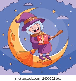 Buona Befana background. Translation: Happy Epiphany. witch flying on a broom. Cartoon Vector illustration for Poster, Banner, Greeting, Card, Post.