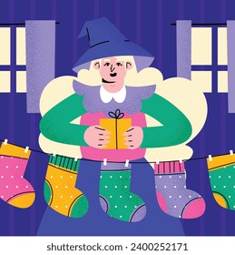 Buona Befana background. Translation: Happy Epiphany. witch flying on a broom. Cartoon Vector illustration for Poster, Banner, Greeting, Card, Post.