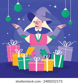 Buona Befana background. Translation: Happy Epiphany. witch flying on a broom. Cartoon Vector illustration for Poster, Banner, Greeting, Card, Post.