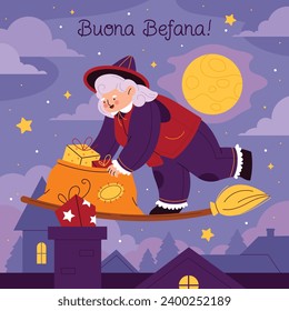 Buona Befana background. Translation: Happy Epiphany. witch flying on a broom. Cartoon Vector illustration for Poster, Banner, Greeting, Card, Post.