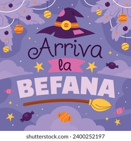 Buona Befana background. Translation: Happy Epiphany. witch flying on a broom. Cartoon Vector illustration for Poster, Banner, Greeting, Card, Post.