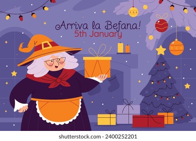 Buona Befana background. Translation: Happy Epiphany. witch flying on a broom. Cartoon Vector illustration for Poster, Banner, Greeting, Card, Post.