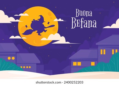 Buona Befana background. Translation: Happy Epiphany. witch flying on a broom. Cartoon Vector illustration for Poster, Banner, Greeting, Card, Post.