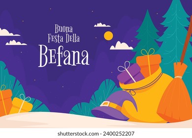 Buona Befana background. Translation: Happy Epiphany. witch flying on a broom. Cartoon Vector illustration for Poster, Banner, Greeting, Card, Post.