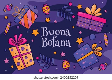 Buona Befana background. Translation: Happy Epiphany. witch flying on a broom. Cartoon Vector illustration for Poster, Banner, Greeting, Card, Post.